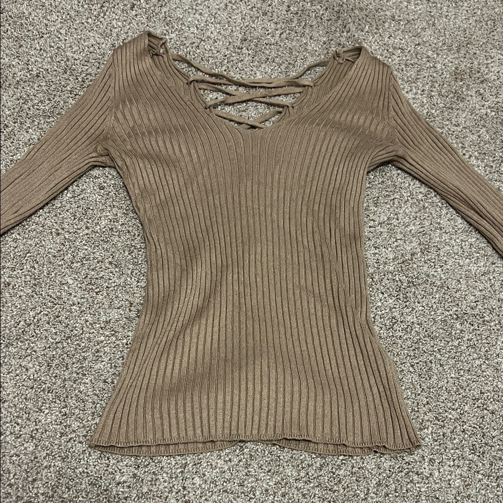 Ribbed V-Neck Sweater with Crisscross Detail